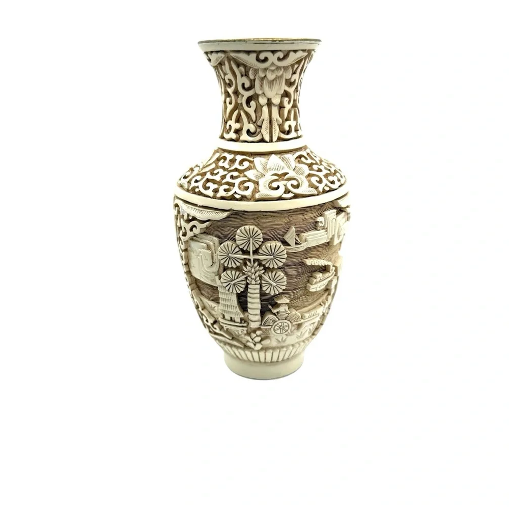 Ivory‎ Dynasty 1982 Arnart Imports Carved Cinnabar & Brass Vase Asian Inspired